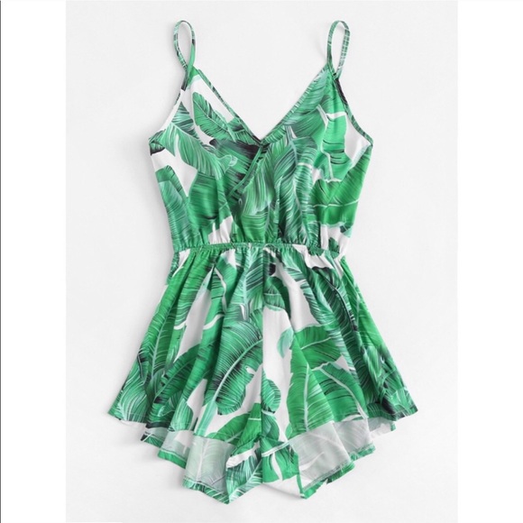 Pants - CAMRON🌴 tropical leaf print romper ruffle green